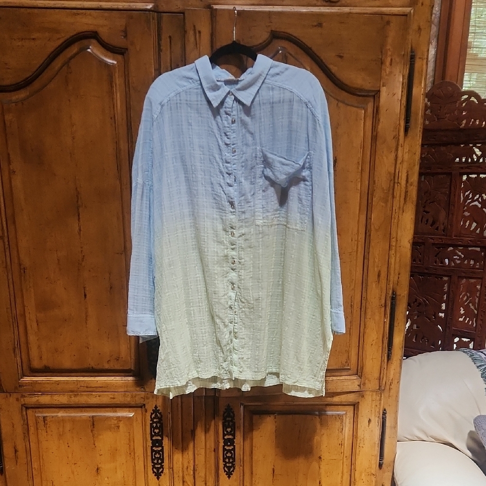 Anthropologie Pilco Textured Boxy Buttondown Shirt 2x Yellow/Blue Gently Used